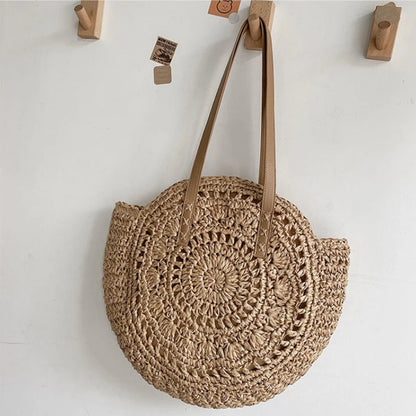 Round Straw Shoulder Bag Large Capacity Hollowed Out Weave