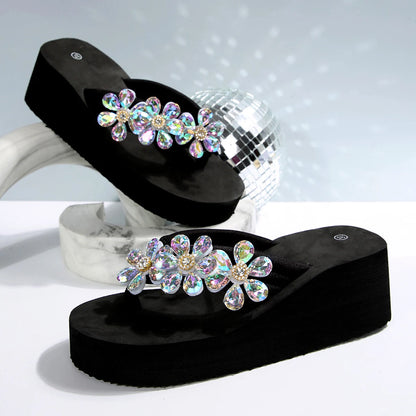 Shiny Rhinestone Chunky Platform Flipflops Wedge Heels