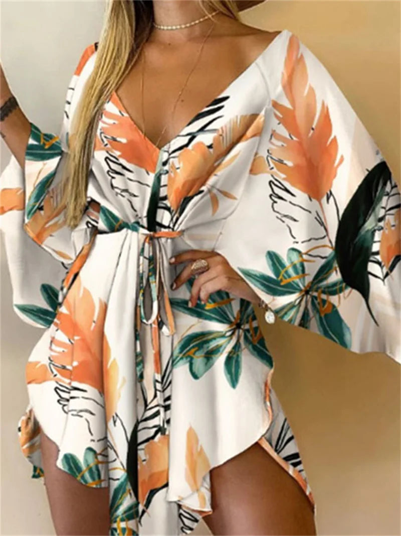 Boho Print Mini Dress or Beach Cover-Up in 12 different Prints, V-Neck, Bat Sleeves, Short Angular Hem, Gathered Waist