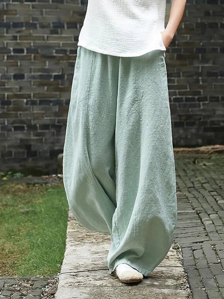 Up to 4XL Vintage Cotton Linen Blend Wide Leg Pants with elastic Waist and Pockets