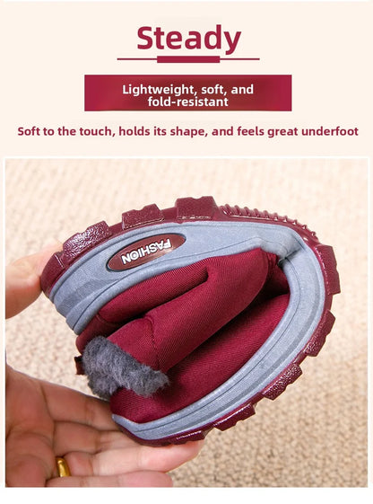 Waterproof Plush, Warm Ankle Snow Boots in Red, Black, Blue, Green, and Tan.