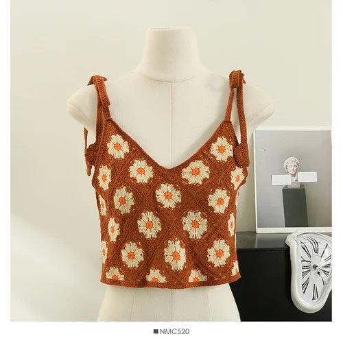 Floral Sleeveless Crochet Top with lace-up shoulder straps