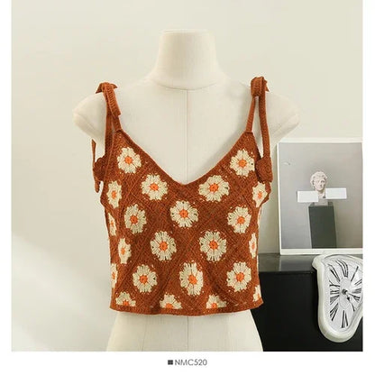 Floral Sleeveless Crochet Top with lace-up shoulder straps