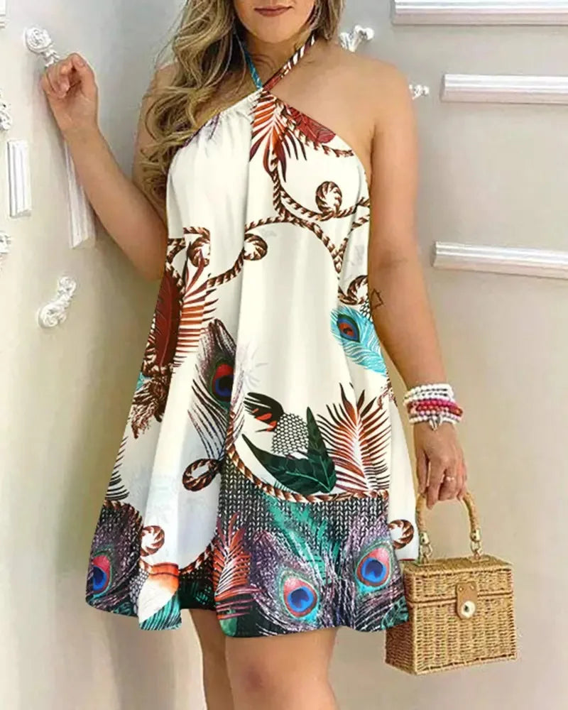 20 Different Designs, Boho Floral Print Backless Halter-Neck Dress