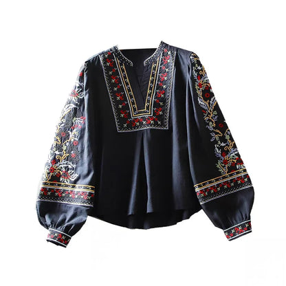 Artistic Retro Long Sleeve Embroidered Floral Casual V-neck Pullover