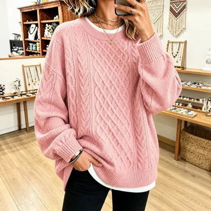 Sizes to 3XL Retro Cable Knit Sweater, Round Neck, Loose Pullover, Casual Long Sleeve Top. Comes in 9 Colors