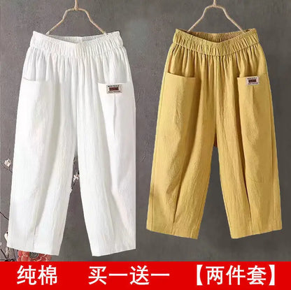 Cotton Linen Cropped 3/4 Length Pants, Loose, Linen with Elastic Waist and Pockets