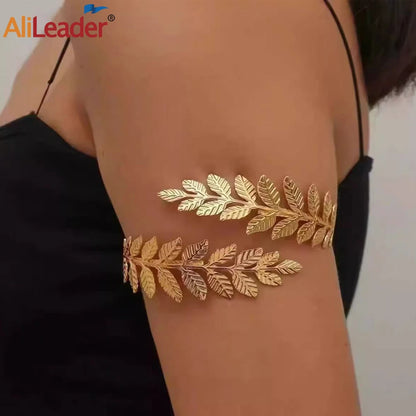 Greek Goddess Headband & Arm Bands Set For Women Laurel Wreath Crown Golden Leaf Headband For Roman Greek Accessories Cosplay