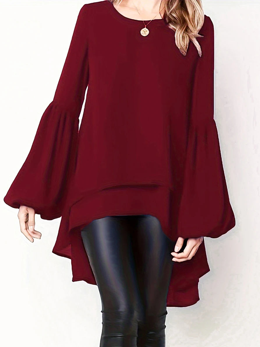 Plus size to 5XL women's spring & summer solid color polyester non-elastic long back hem elegant lantern sleeve chiffon long bell sleeve top
