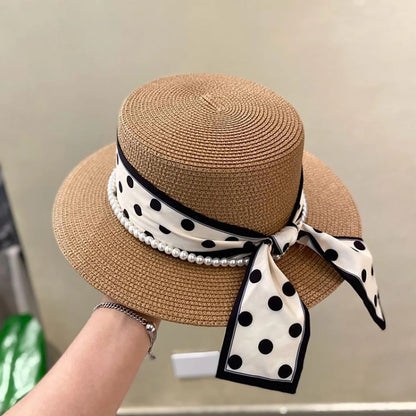 Straw Hat with Polka Dot Ribbon, Pearl, and  Wide Brim Sunshade