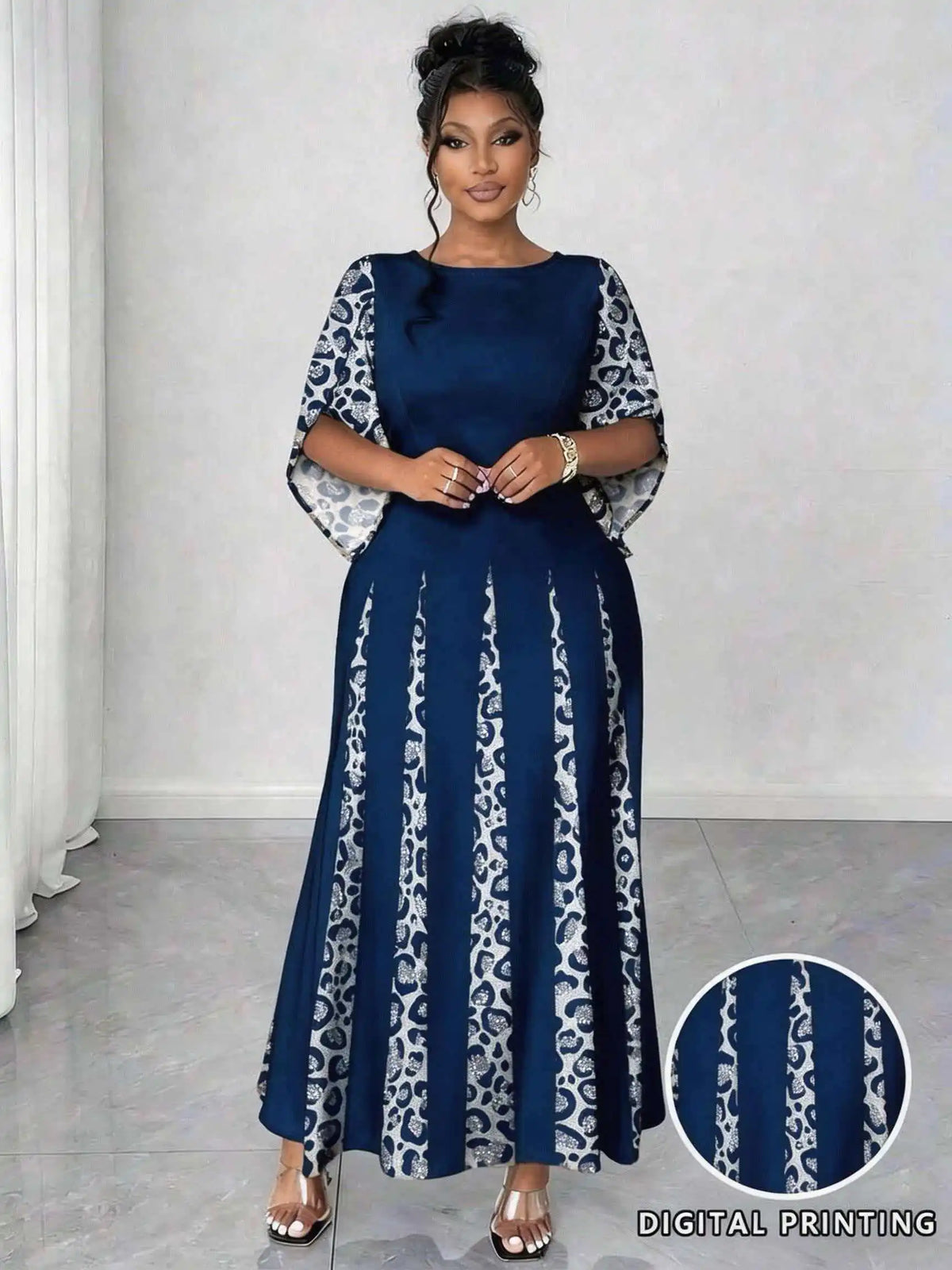 Sizes to 5XL in 3 colors, Elegant Leopard Print Maxi Dress, 3/4 Sleeve, Comfortable & Stylish