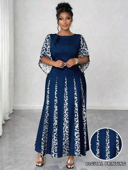 Sizes to 5XL in 3 colors, Elegant Leopard Print Maxi Dress, 3/4 Sleeve, Comfortable & Stylish