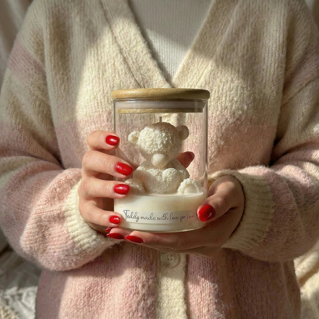 Cute Teddy Bear Scented Candle Glass Jar Soy Wax Aromatherapy