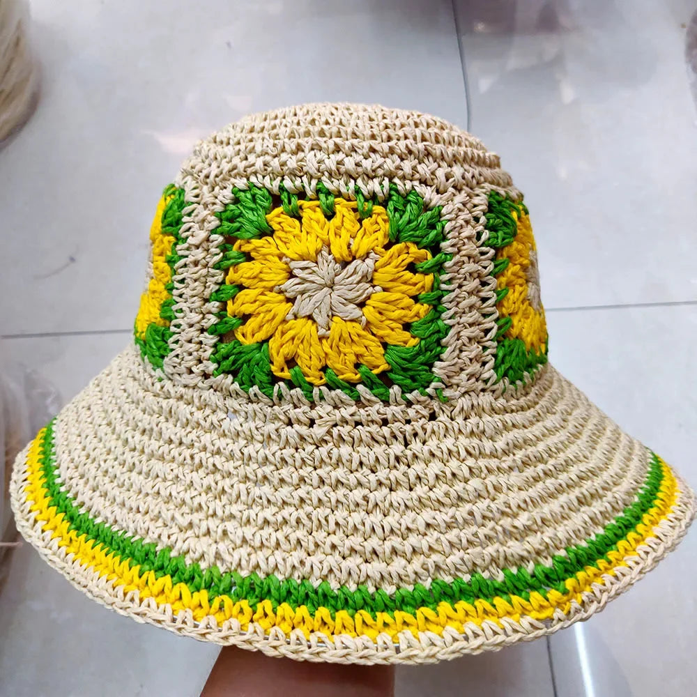 Bright Colored Floweed Crocheted Fisherman Hat