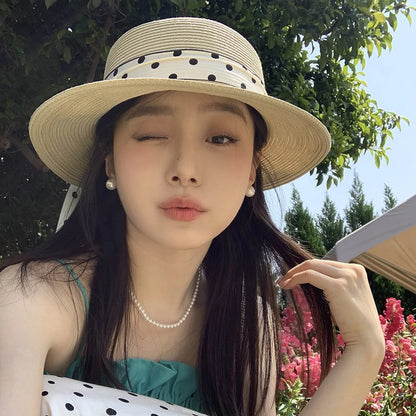 Straw Hat with Polka Dot Ribbon, Pearl, and  Wide Brim Sunshade