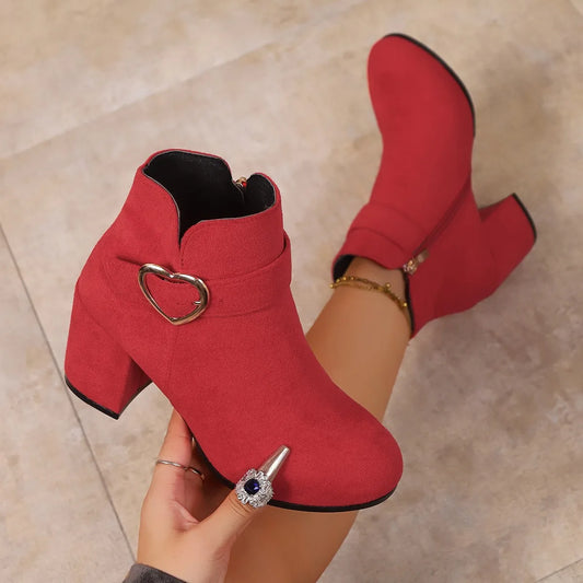 Short Round Toed Square Heeled Ankle Boots, With Side Zipper Chic, Warm, and Comfortable in Red and Black