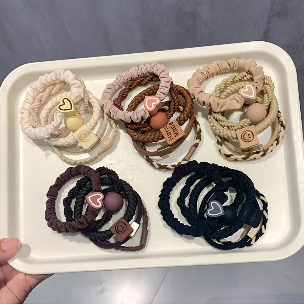 Boho Chic Women's Hair Ties Set - Cute Heart Charm & Bead Elastic Headbands for All Hair Types