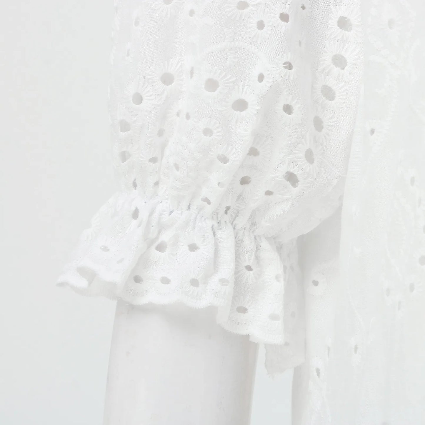 Sizes to 2XL, Bohemian, White Cotton Casual Dress, Loose, Tatting on Dress and Sleeves, V-Neck with Tie Cord
