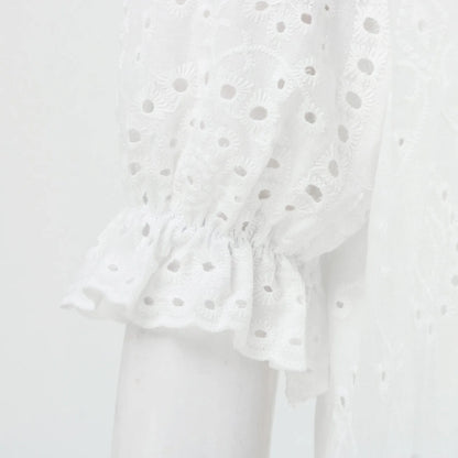 Sizes to 2XL, Bohemian, White Cotton Casual Dress, Loose, Tatting on Dress and Sleeves, V-Neck with Tie Cord