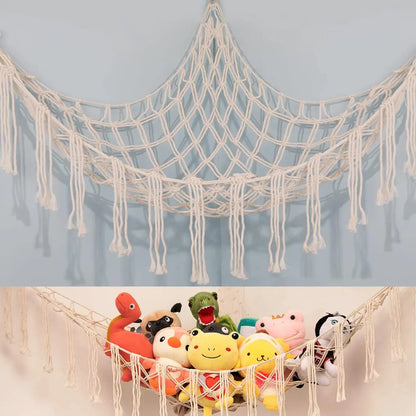 9 different colors of this Boho Macrame Stuffed Animal Hammock Cotton Tassel Toy Storage Net, Hanging Organizer