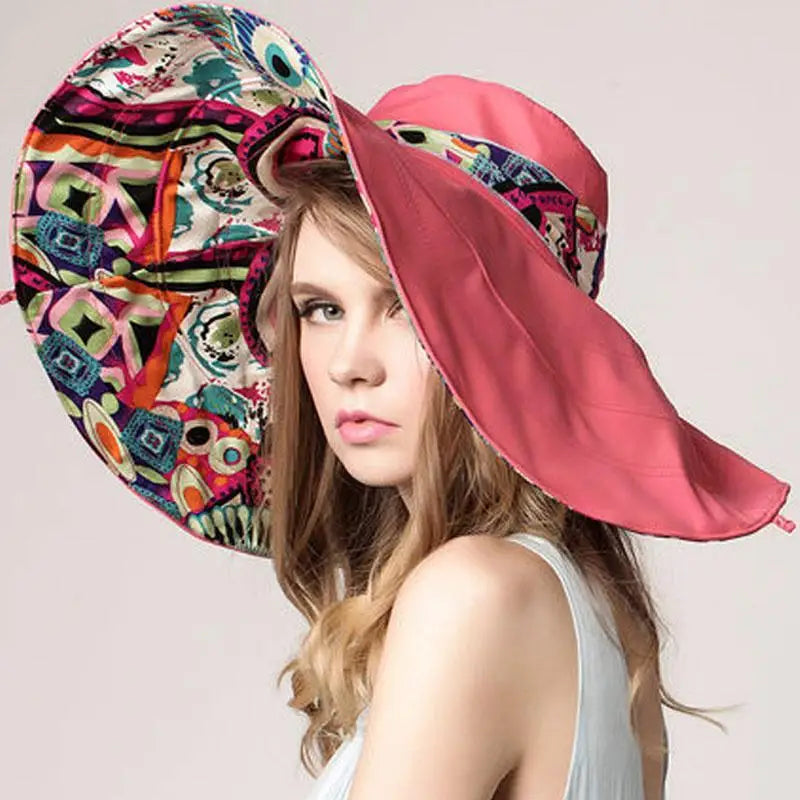 Large Beach Hat Flower Printed Wide Brim Geometric print underneath Wide Brim Various Print Selections
