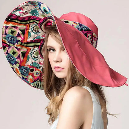 Large Beach Hat Flower Printed Wide Brim Geometric print underneath Wide Brim Various Print Selections