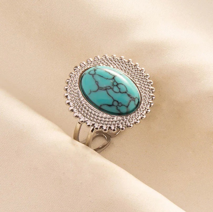 1pc Boho Turquoise Ring Stainless Steel Light Blue Gemstone Silver Adjustable Ring