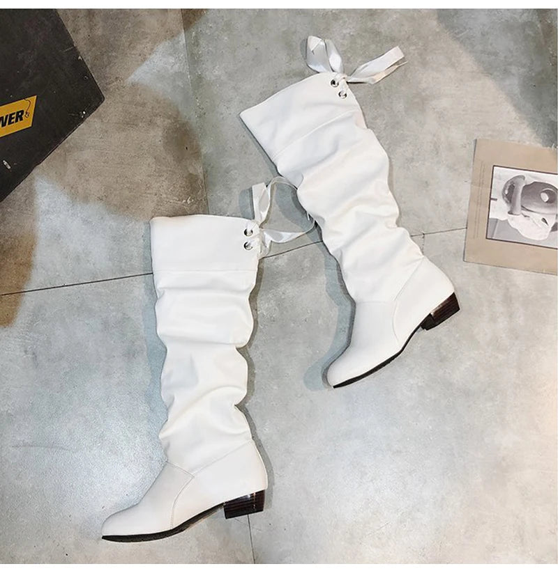 Knee High Boots, in Red, Black, and White, Tall Boots with Low Heel
