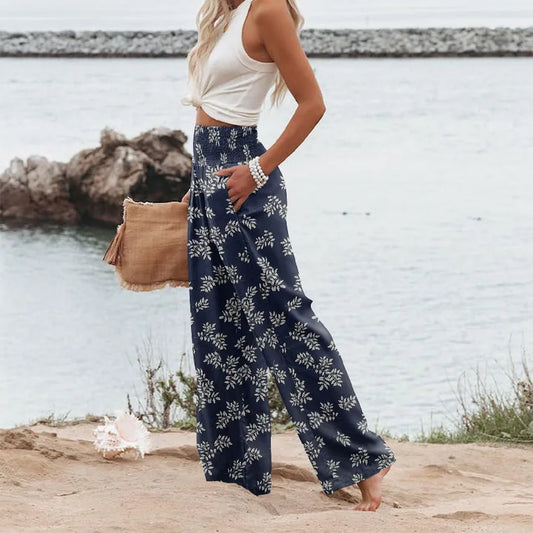 Sizes to 5XL  Bohemian Floral printed, wide leg pants, elastic waist, casual pants with pockets