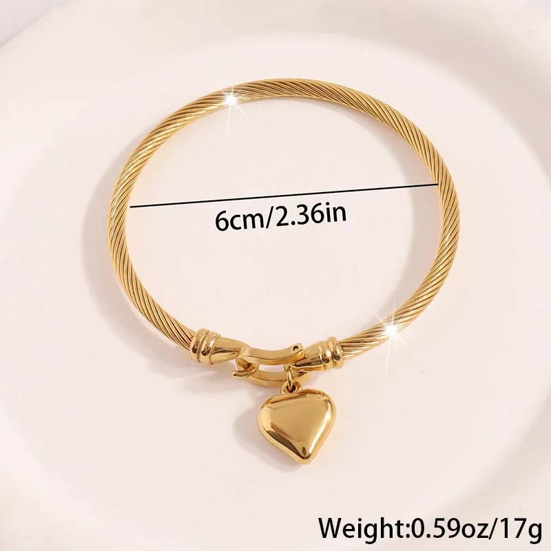 Stainless Steel Gold Color Heart Pendant Bracelets, Charm Bangle Bracelets, Waterproof Jewelry