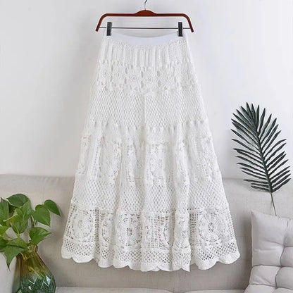 French Chic Retro Boho Crochet Maxi Skirts Women Openwork Hollowed Out Lace Elastic Waist