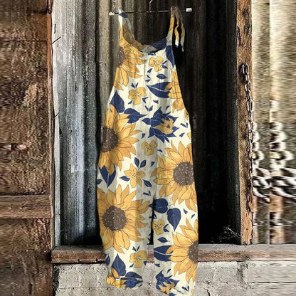 Sunflower Pattern Jumpsuits Casual Loose, Shoulder string ties; Variety of patterns