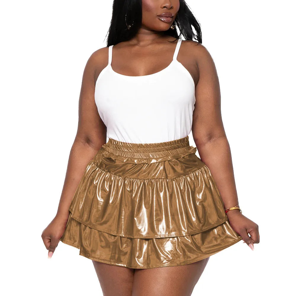Sizes to 8XL!! Hologram Laser Tiered Pleated Mini Skirts, High Elastic Waist, A-line