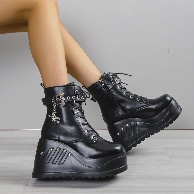 Punk Goth Platform Heels Wedge Heeled Boots, Tie and Strap Closures