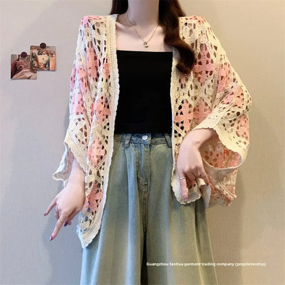 Bohemian Style Hollowed-out Long Sleeve Light Weight Sweater with V Neck and Batwing Sleeves