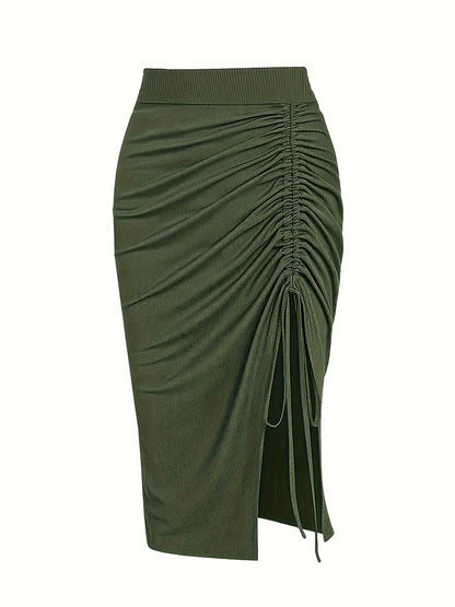 Plus Size to 4XL, Solid Colors, Elastic Waist, Drawstring Split Skirt, Casual Stretchy Skirt