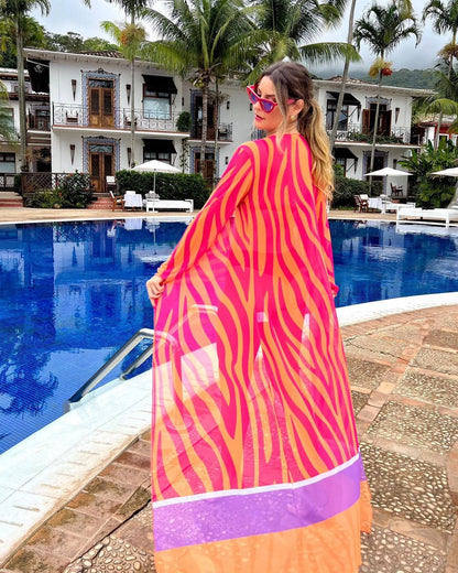 Chiffon Tie Robe with Large Swing Ruffles and Puff Sleeves