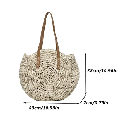 Round Straw Shoulder Bag Large Capacity Hollowed Out Weave