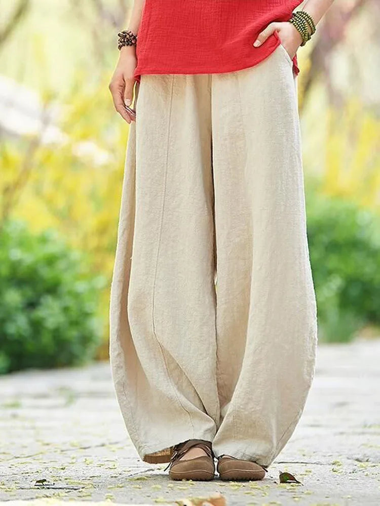 Up to 4XL Vintage Cotton Linen Blend Wide Leg Pants with elastic Waist and Pockets