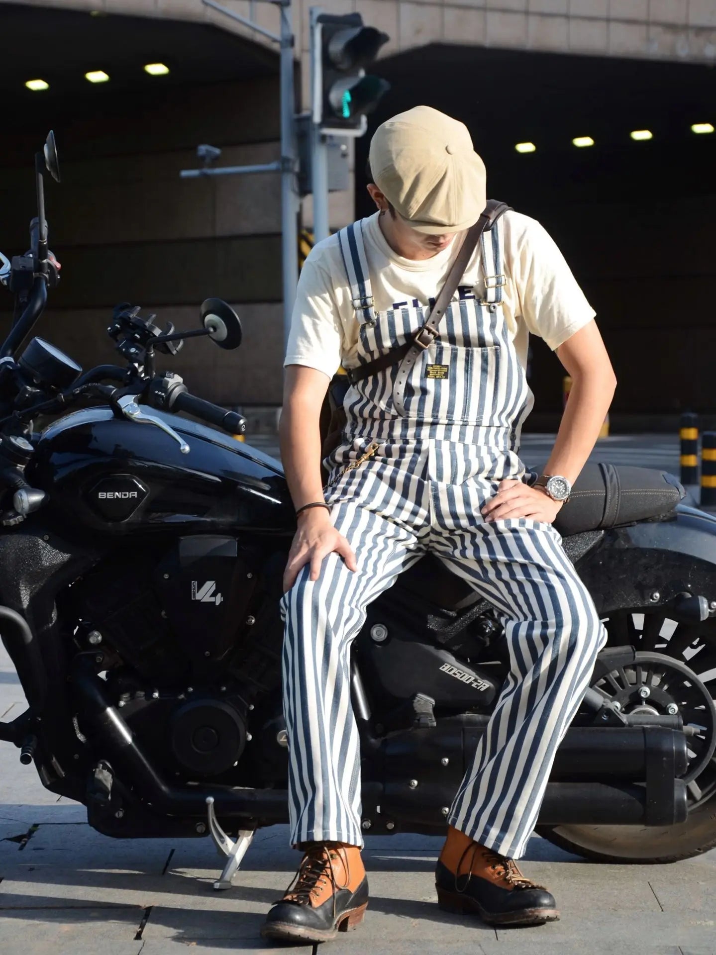 Sizes to 2XL American Retro Striped Denim Overalls Classic Fit Workwear Pants