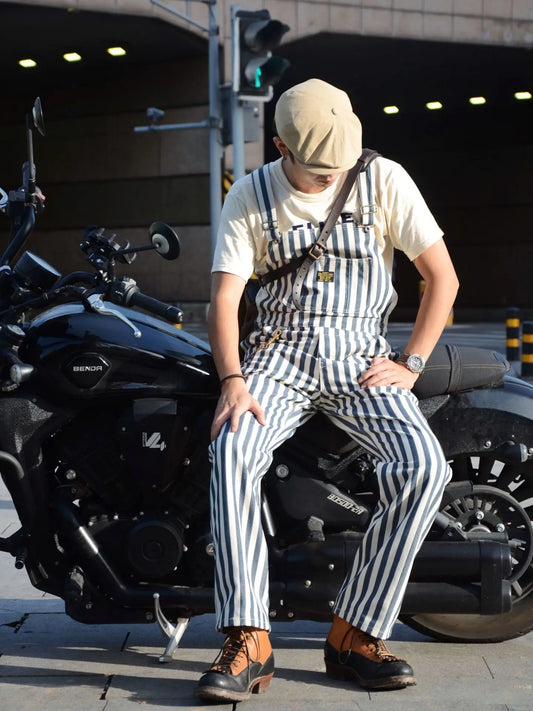 Sizes to 2XL American Retro Striped Denim Overalls Classic Fit Workwear Pants