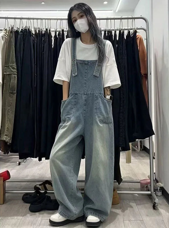 Retro Light Wash Denim Overalls for  Loose High Waist Baggy Leg Jumpsuit with Big Pockets