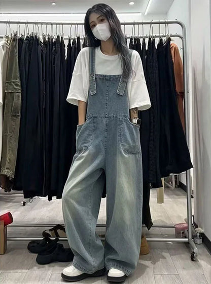 Retro Light Wash Denim Overalls for  Loose High Waist Baggy Leg Jumpsuit with Big Pockets