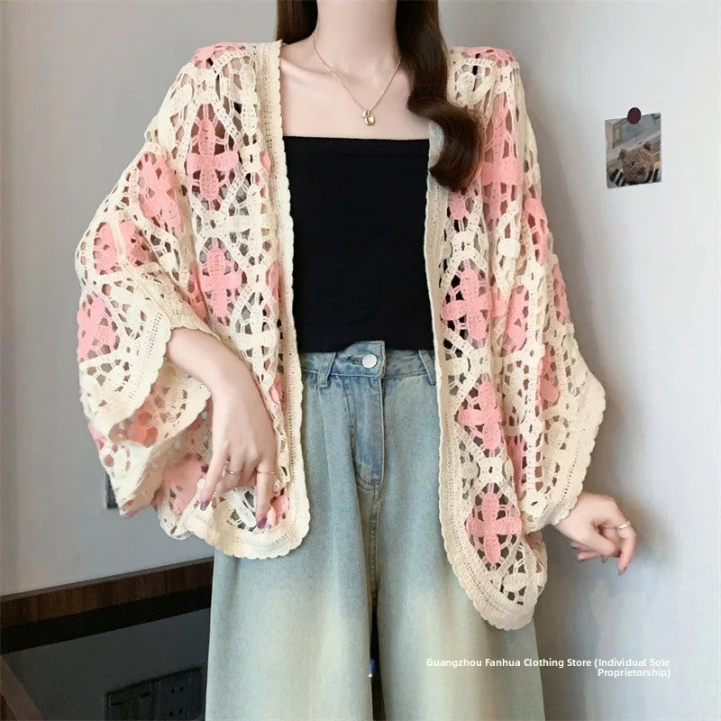Bohemian Style Hollowed-out Long Sleeve Light Weight Sweater with V Neck and Batwing Sleeves