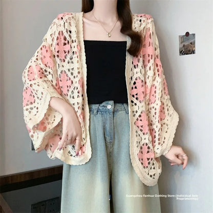Bohemian Style Hollowed-out Long Sleeve Light Weight Sweater with V Neck and Batwing Sleeves