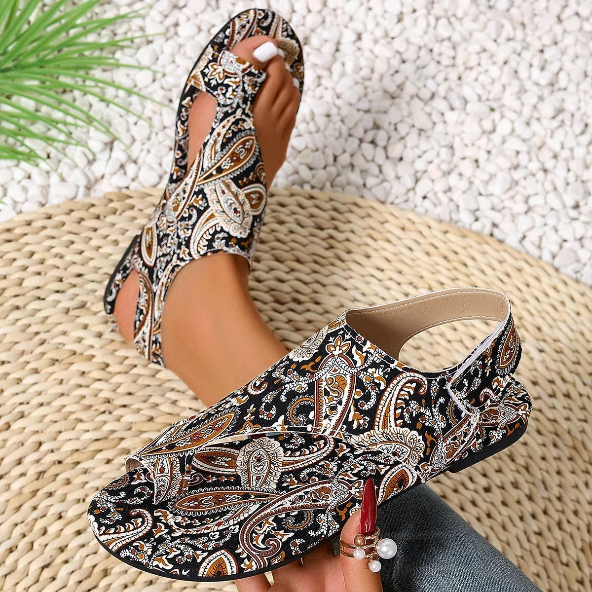 Comfortable flat Boho Romanesque Shoes , Easy attach velcro