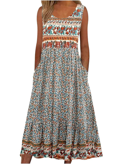 Sleeveless Boho floral casual  Midi length sundress with pockets and flowing loose Skirt. 7 Different patterns Up to 2XL
