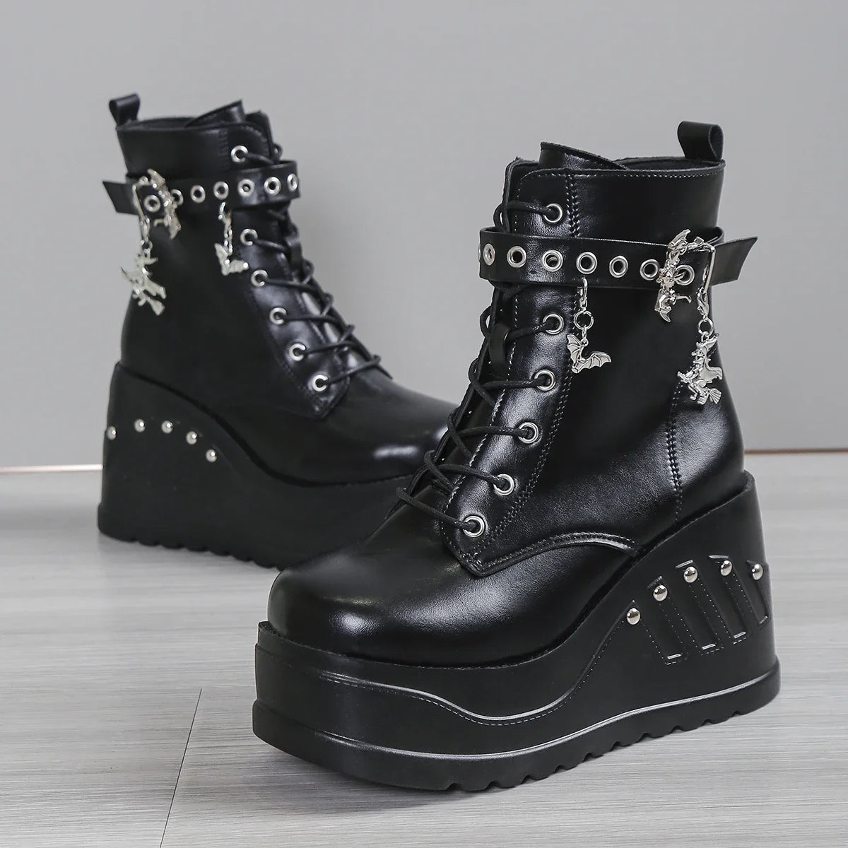 Punk Goth Platform Heels Wedge Heeled Boots, Tie and Strap Closures
