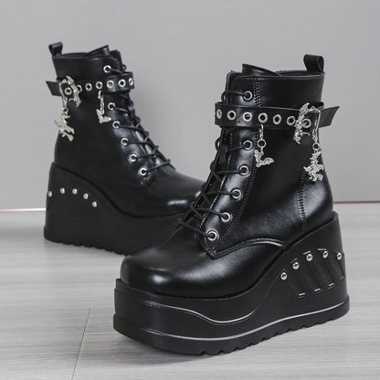 Punk Goth Platform Heels Wedge Heeled Boots, Tie and Strap Closures