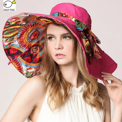 Large Beach Hat Flower Printed Wide Brim Geometric print underneath Wide Brim Various Print Selections